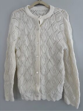 Handmade knit crochet white ivory scallop hem button up cardigan